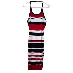 LU NYC Dress Large Knit Midi Sleeveless Black Red White Striped Cross Straps